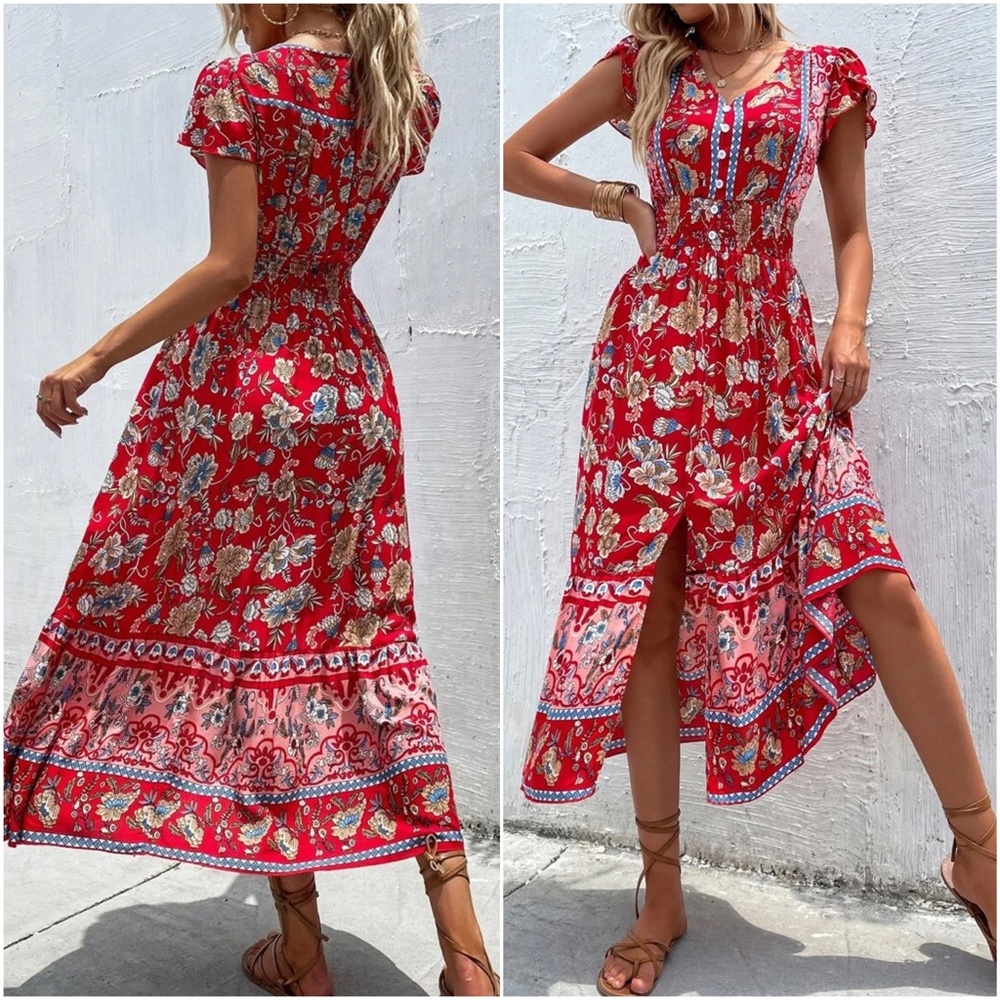 Boho Red Floral Print Butterfly Sleeve Button Detail Dress - Picture 6 of 8